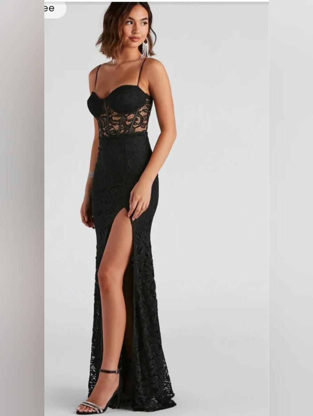 Black Lace Corset Maxi Dress with Thigh High Slit